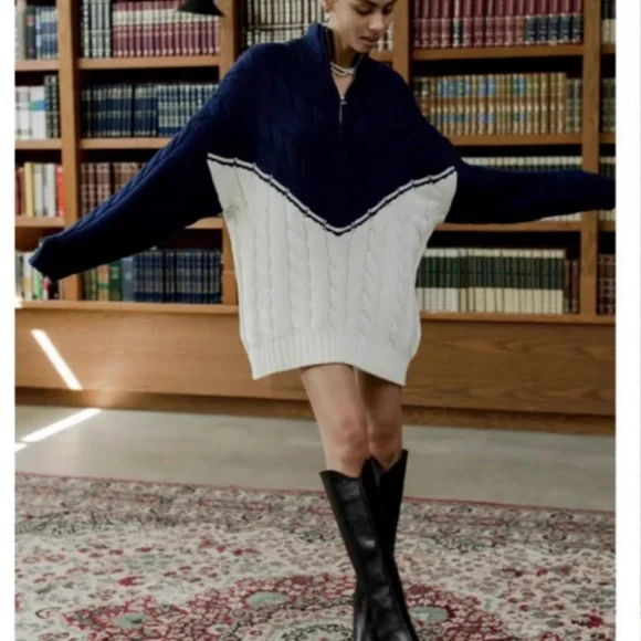 STAUD Hampton Half Zip Cable Knit Long Sweater Knit - Navy/Ivory Casual Two Tone - Picture 2 of 10